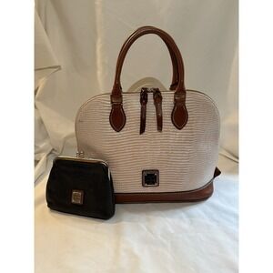 Dooney‎ Bourke Tan And Pink Lizard Reptile Embossed Leather Zip Domed Satchel